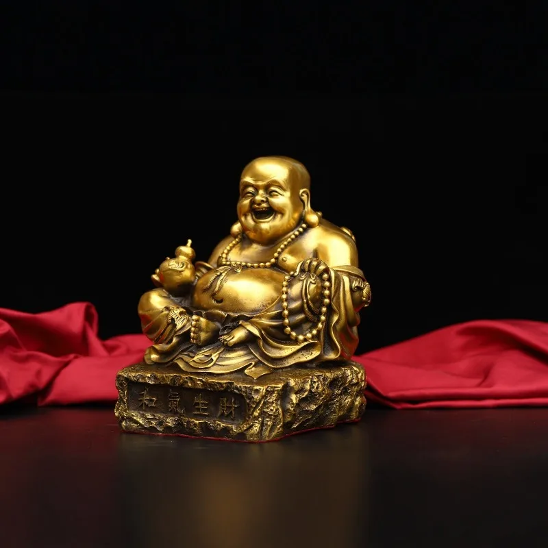 Pure Brass Happy Laughing Buddha Figurine, Chinese Traditional Wealth Attracting Statue, Vintage Metal Desktop Decor Gift