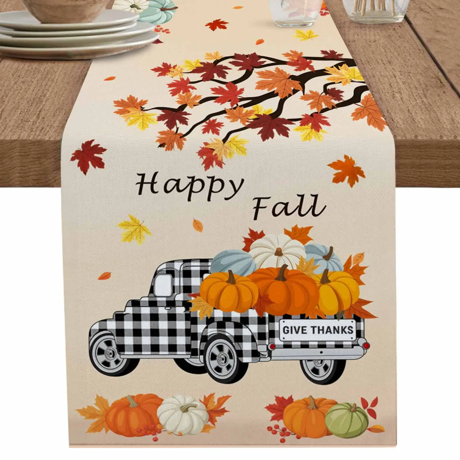 

Thanksgiving Truck Maple Leaf Table Runner Party Polyester Table Cover for Home Dining Decoration