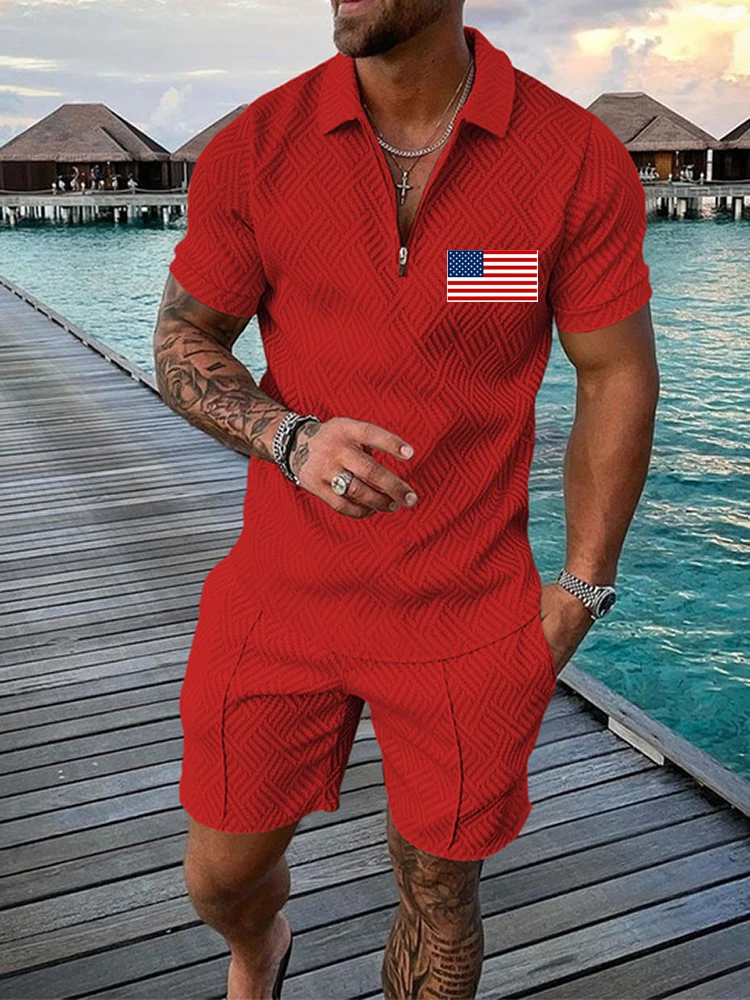 Nova bandeira americana polo conjuntos de treino masculino cor sólida impressão 3d polo camisas com zíper manga curta + shorts conjunto para homem