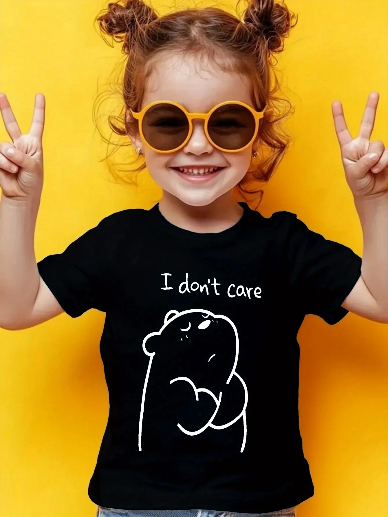 Kids Family Matching T Shirt I Don't Care Line Drawing Bear Print Short Sleeve Cotton Tops For Boys Girls Daily Casual Outfit