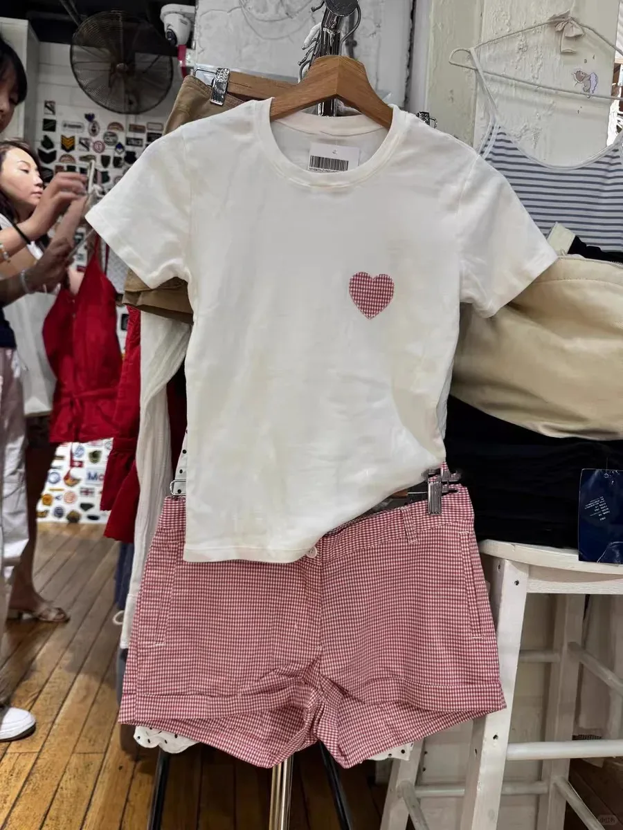 สีชมพูหวานลายสก๊อตกางเกงขาสั้นผู้หญิงฤดูร้อนผ้าฝ้ายลำลองหลวมยืดหยุ่นเอวสูงกางเกงวินเทจสไตล์พรีปปี้สเวตเชิ้ต