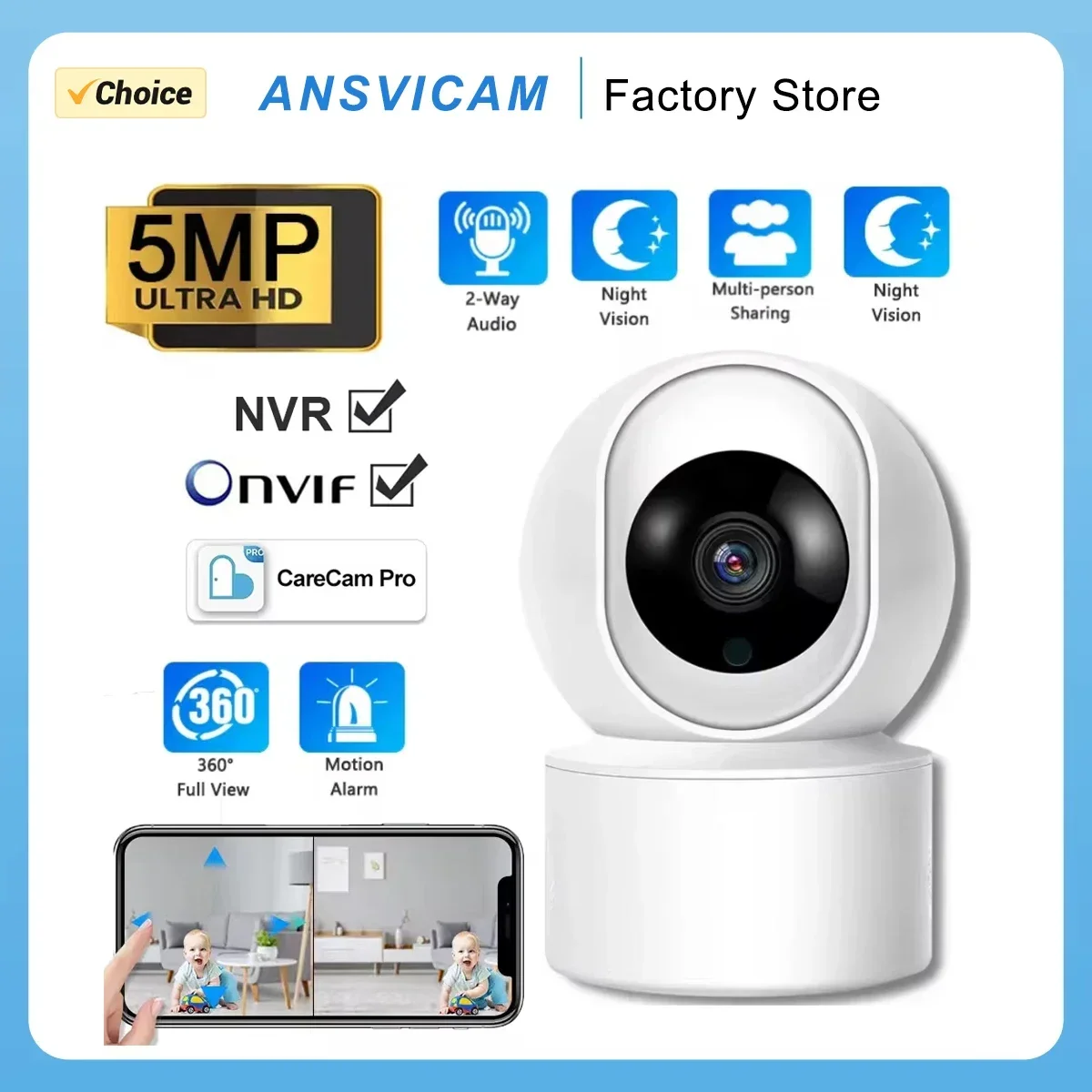 5MP WiFi Indoor Camera Two-Way Voice Intercom, Automatic Body TrackVisioning, Full Color Night ONVIF Support Enhanced Monitoring