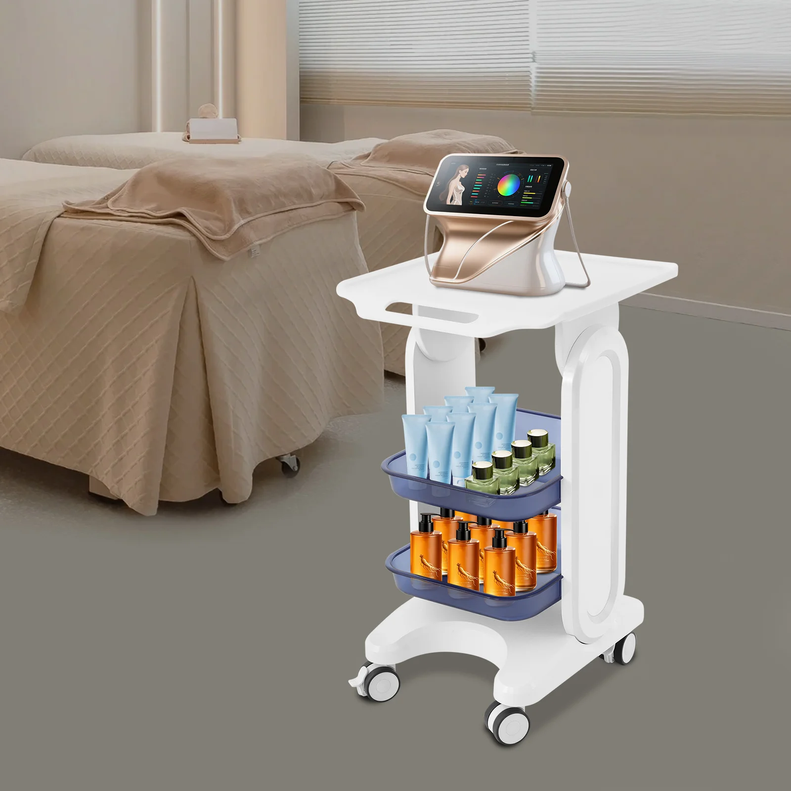 Medical Cart, Beauty Salon Storage Cart, Beauty Tool Storage Cart, 3-Tier Modern PC Rolling Organizer, Hospital Clinic Spa Nail Salon Labs, White Blue, Large Durable Tray Shelves, Free Standing, Multi-Purpose For Equipment Tools Supplies view 8