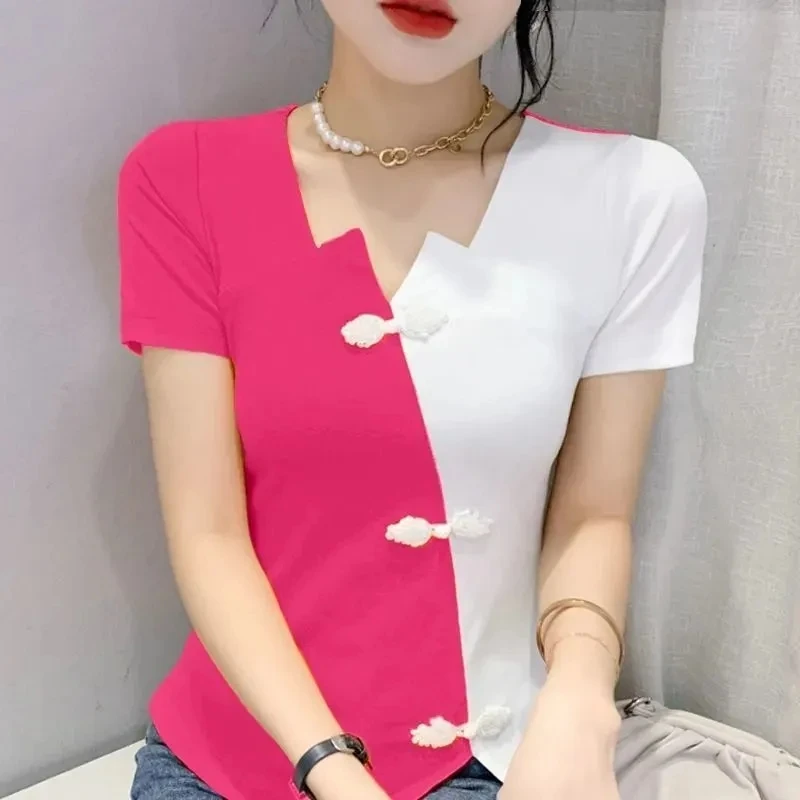 2025 Summer New Female Short Sleeve T-Shirt V Neck Hem Split Retro Slim Fit Irregular Splicing Disc Buckle Women's Short Tops