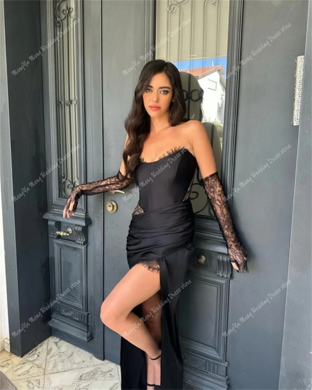 ZHUISHU 섹시한 사우디 아라비아 블랙 이브닝 드레스 높은 분할 Strapless 공식 파티 댄스 파티 드레스 맞춤형 Vestido de noche Women