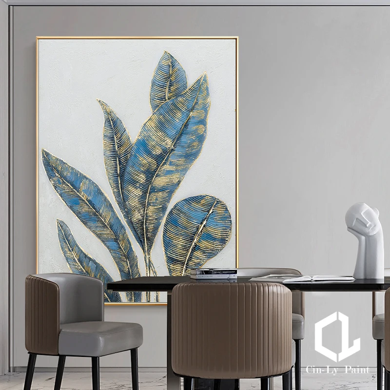 Handmade Gold Foil Banana Leaves Thick Textured Oil Painting On Canvas Modern Wall Art For Girls Living Room Lobby Decor Poster