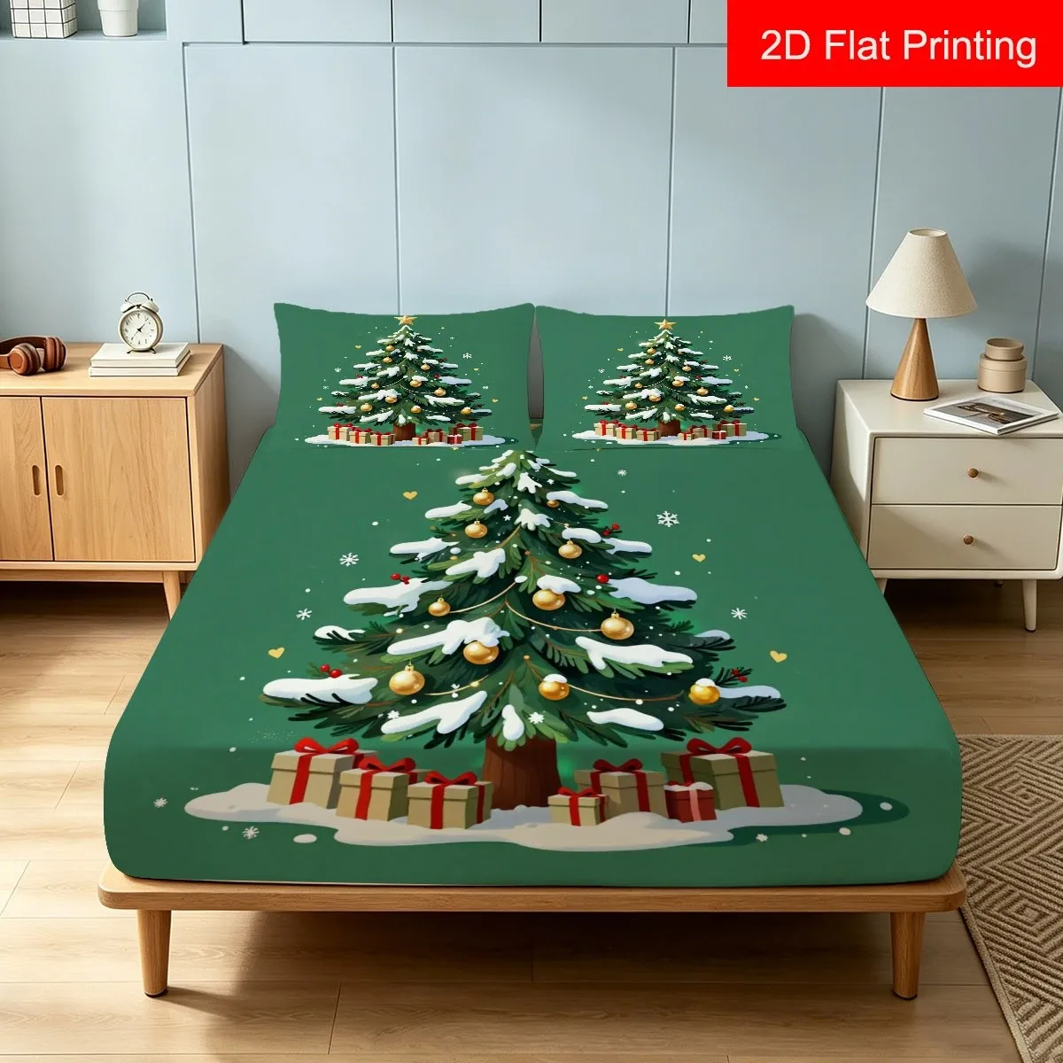 Juego de Ropa de Cama de 3 Piezas con Estampado Digital 2D de Escena Navideña con Árbol de Navidad, Bolas Doradas y Bayas Rojas (Incluye 1 Sábana Ajustable + 2 Fundas de Almohada), Sábana Ajustable con Estampado 2D de Bolsillo Profundo Grande y 2 Fundas de Almohada, Protector de Colchón, Diseño Lavable a Máquina, Decoración Navideña, Varios Tamaños, Protector Transpirable, Funda de Almohada Adicional