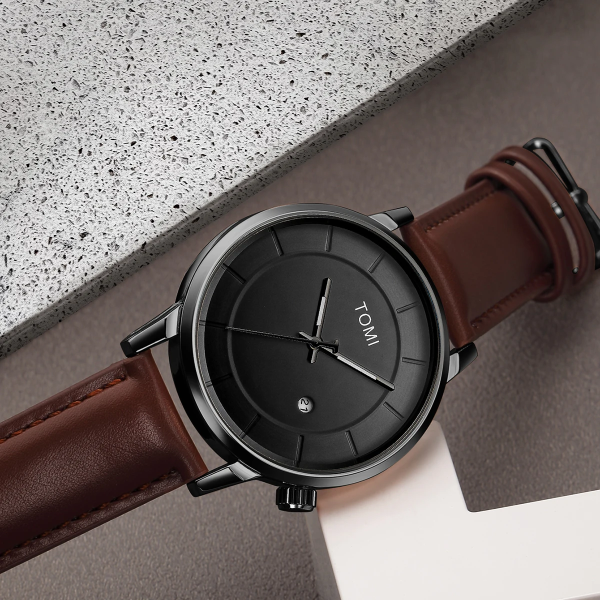 TOMI New 2PCS Casual Fashion Men Watch Gift Box Set Luxury Round Large Dial Calendar Men Quartz Watch Glasses Gift Box