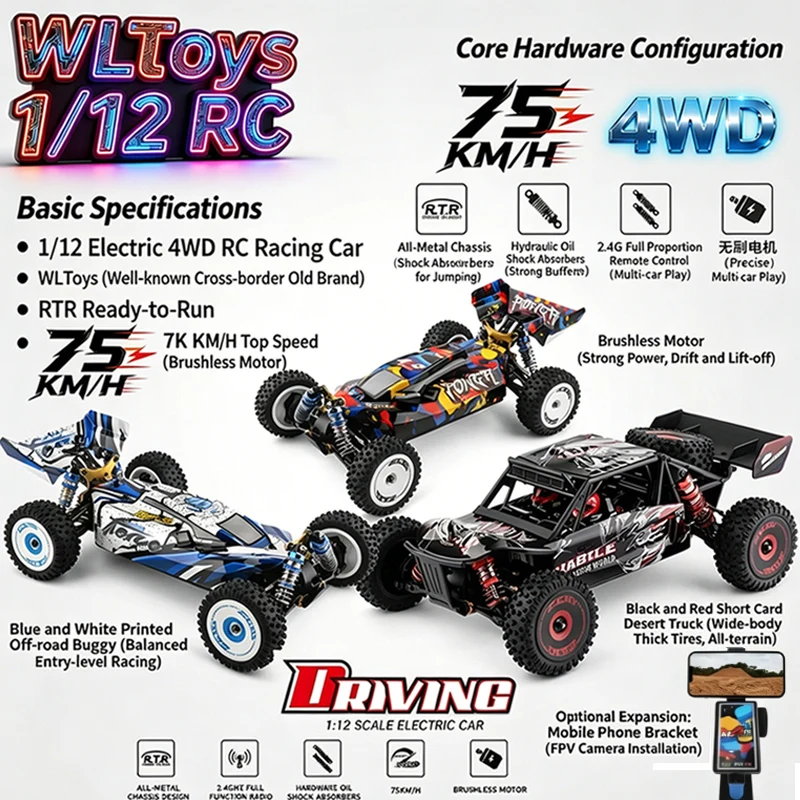 1/12 124017 High-Speed 75km/h 4WD RC Racing Car with Brushless Motor Off-Road Remote Control Drift Climbing for Adults And Kids