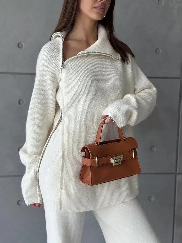 

Fashionable Autumn and Winter Two-piece Set Solid Color High-neck Zippered Knit Long-sleeve Sweater Wide-leg Pants Sets