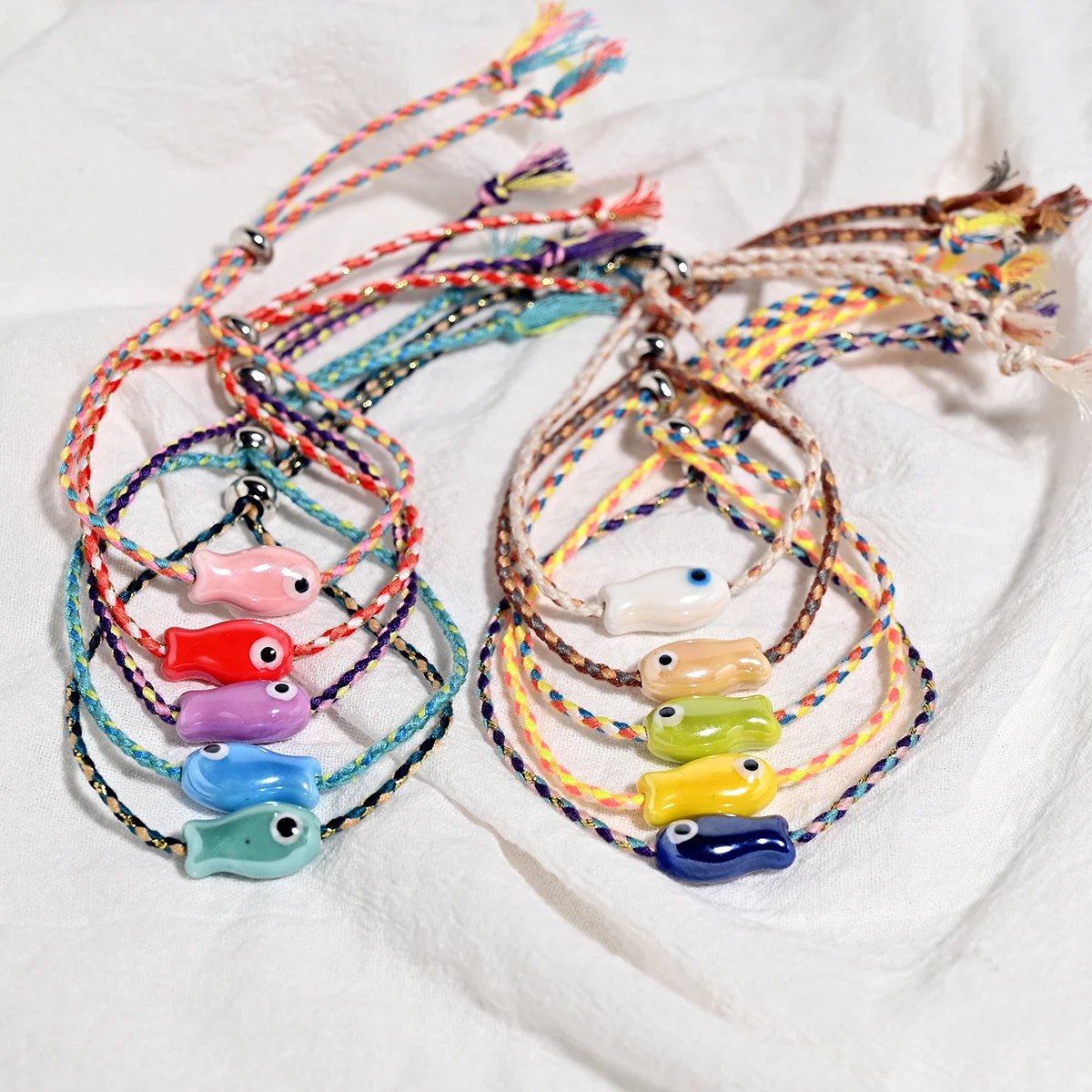 10pc Handmade Ceramic Fish Bracelet Set, Boho Charm Gift