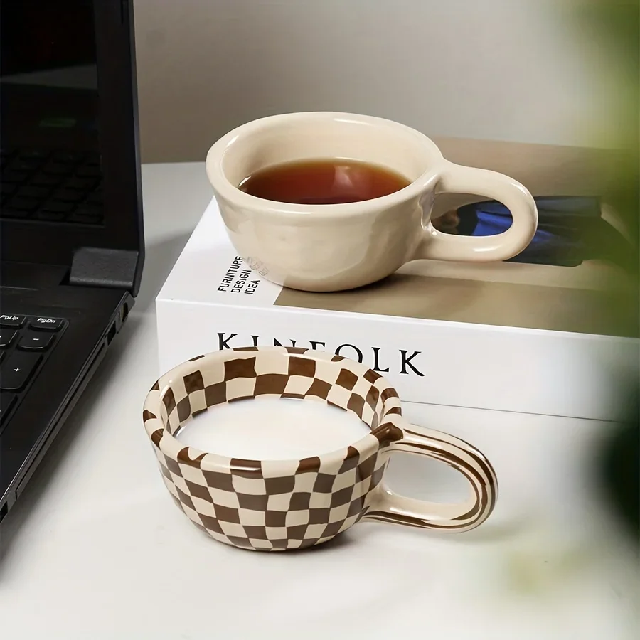 Coffee Mug Ceramic Coffee Cups Brown Plaid Pattern Water Cups Summer Drinkware Kitchen Stuff Home Kitchenware Gifts