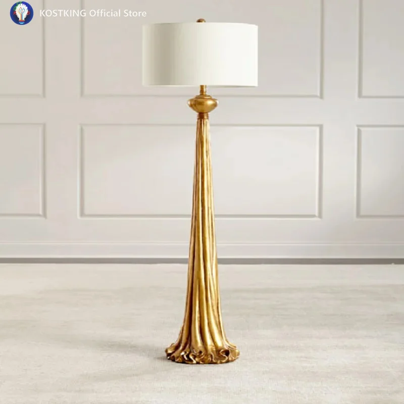 Retro wood carving gold foil luxury floor lamp high-end villa living room corridor bedroom bedside table lamp