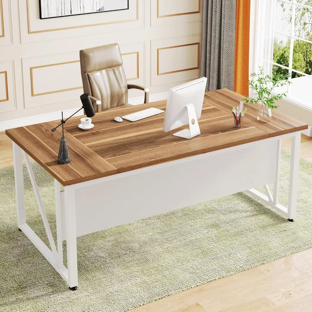

63 inches Computer Desk with Bottom Storage Shelf Home Office Desk Writing Table for Workstation,Dark Walnut + Steel Leg， Cabin