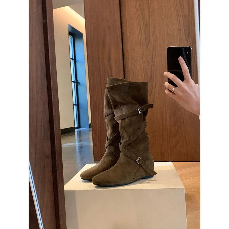 

6cm inner height increase knight boots women's cross buckle belt pleated long tube boots genuine leather mid tube boots