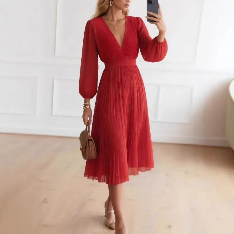 

Elegant Women Guest Wedding Long Dress Sexy Modest Long Sleeve V Neck Folds Corset Flowy Party Evening Cocktail Pleated Dress
