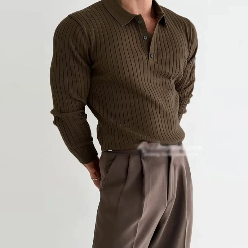 Autumn Long Sleeve Knit Polo Shirt Men Fashion Ribbed Solid Color Slim Polo T-shirts Knitted Mens Casual Button Lapel Pullovers