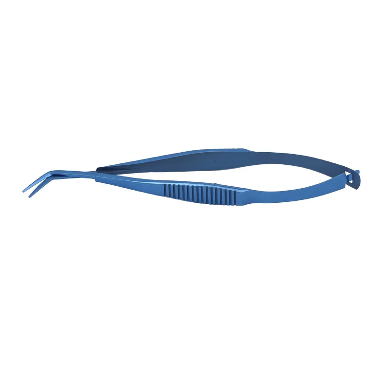 Angled Blade IOL Lens Cutting Scissors Serrated Grasping 8.0mm Blades Blunt Tips Flat Spring Handle