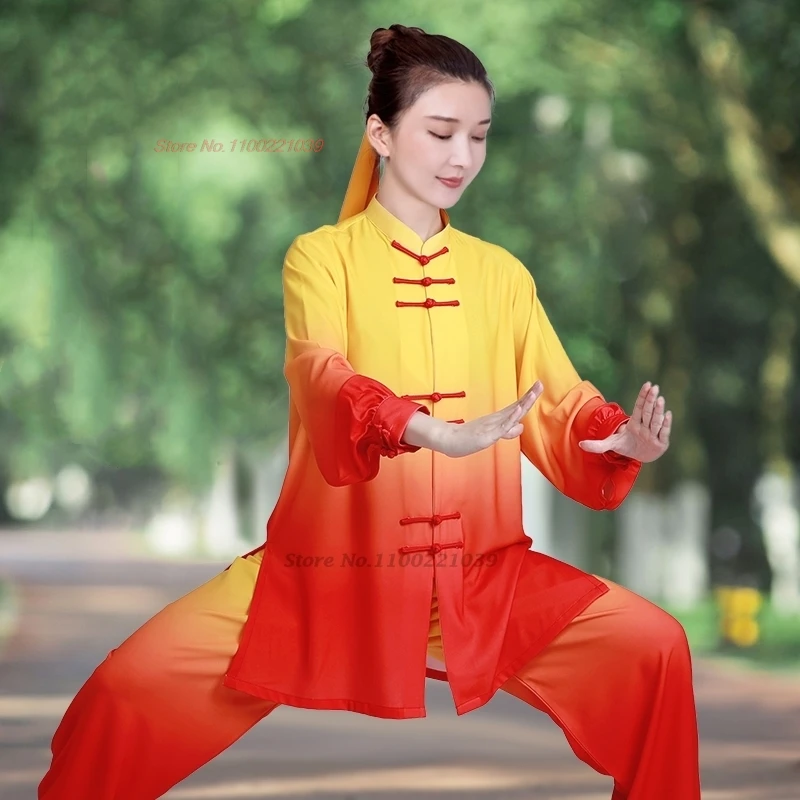 

2024 chinese vintage martial art uniform tai chi clothes national gradient color wushu exercise clothing kungfu tops+pants set