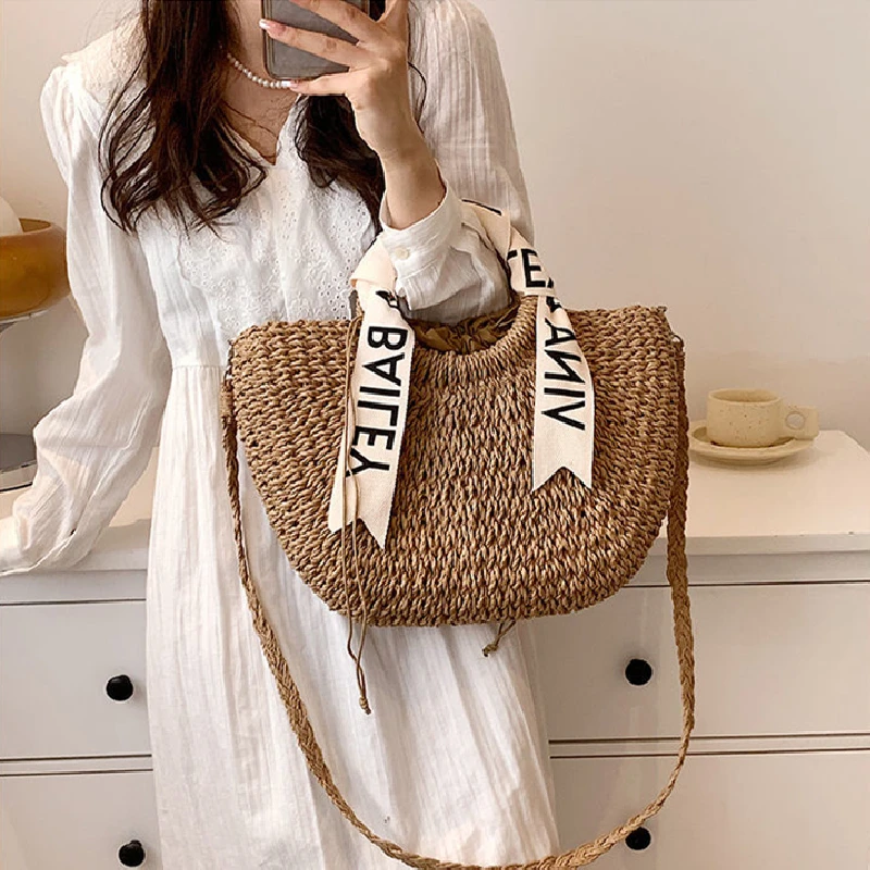 Letter Scarf Straw Handbags for Women, Beach Bags, Vintage Casual Shoulder Bags, High Capacity, Semi-circle Tote, Summer