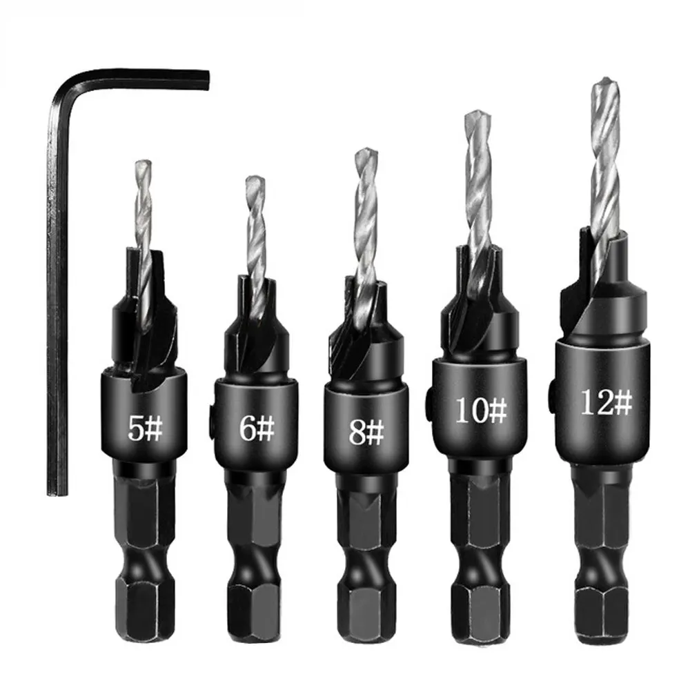 5pc Woodworking Tapper Hexagon Shank Screw Countersunk Drill Bit Taper Drill Hole Drilling and Reaming Hardware Tool Set