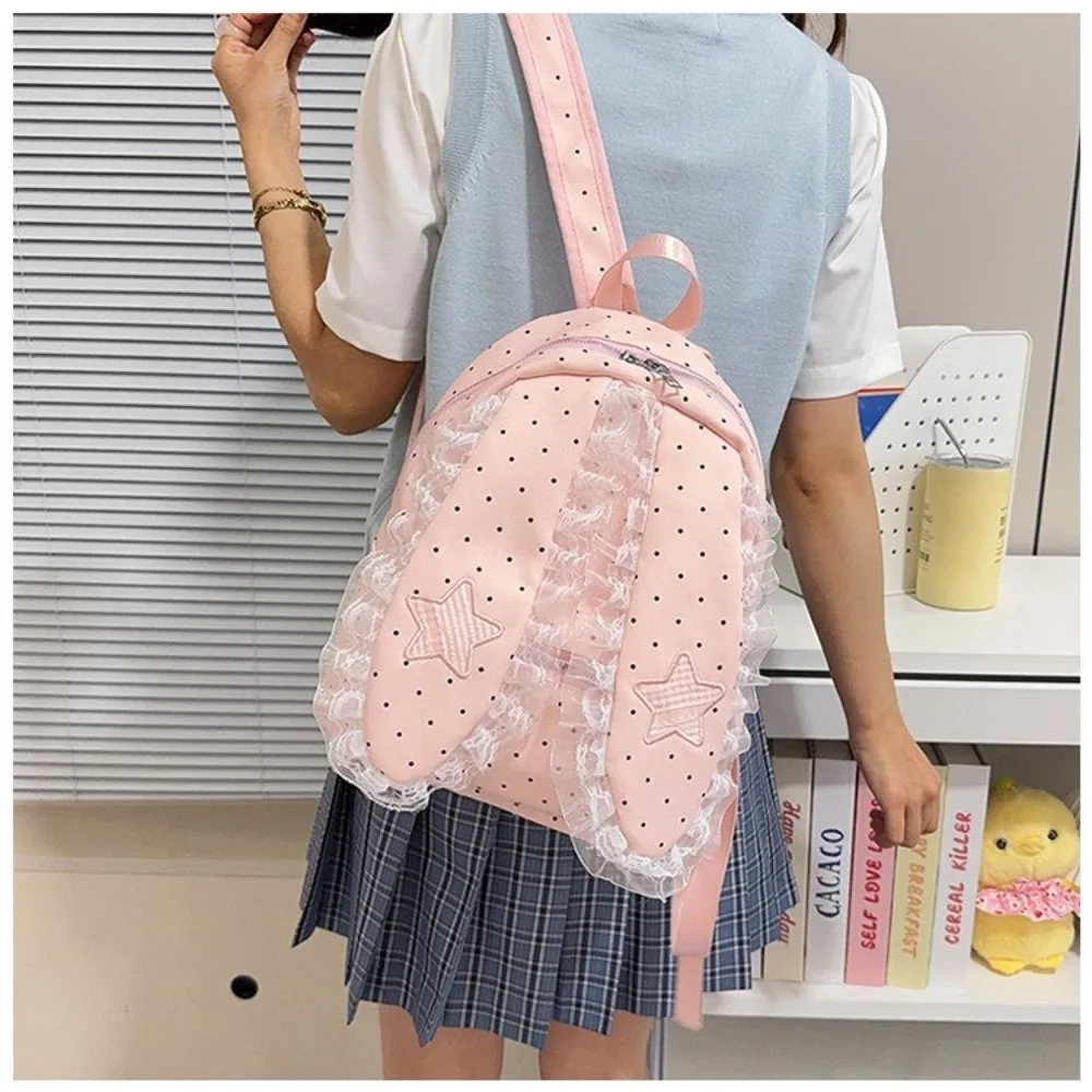 Gifts Polka Dot Bunny Ear Lace Backpack Large Capacity Lightweight Lace Ruffle Backpack Polka Dot Backpack Daily Outfits