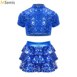 Kids Girls Modern Jazz Latin Ballet Dance Costume Sparkly Crop Top + Shiny Sequins Shorty Unitard Dress Performance Dancewear