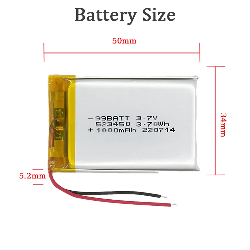 523450 1000mAh 3.7V PH2.0 2P polimerowa bateria litowa kamera na deskę rozdzielczą LED Lights Dash Cam przyrząd kosmetyczny inteligentny zamek