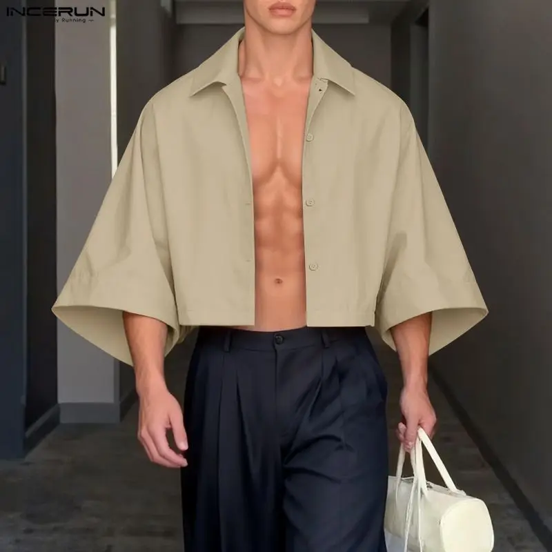 

INCERUN Мужская рубашка сплошной цвет с лацканами 3/4 рукава свободная повседневная мужская одежда уличная одежда в корейском стиле модные мужские укороченные топы Camisas