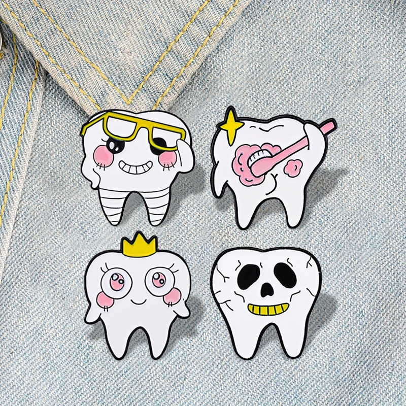 Fashion Teeth Tooth Metal Enamel Pin Tooth decay Protecting Dental Health Skeleton Brooches Badge Lapel for Women Jewelry Bijoux