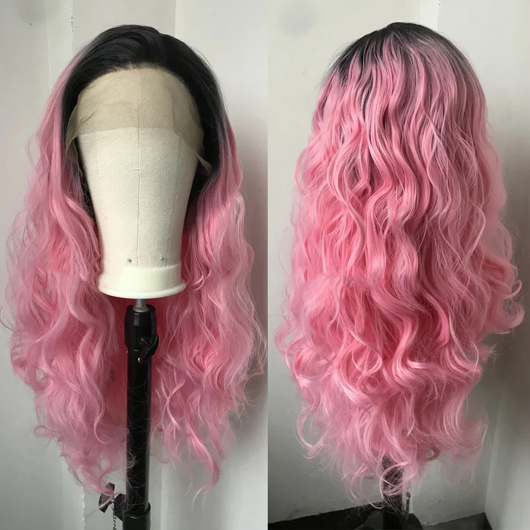 

UStyleHair Loose Curly Ombre Pink Long Wig Heat Resistant Synthetic Hair Daily Use Lace Front Wig Dark Roos Pink Curly Wig Lace