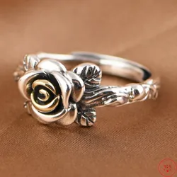 S925 Sterling Silver Rings for Women New Fashion Literature Art Relief Rose Adjustable Pure Argentum Classic Jewelry