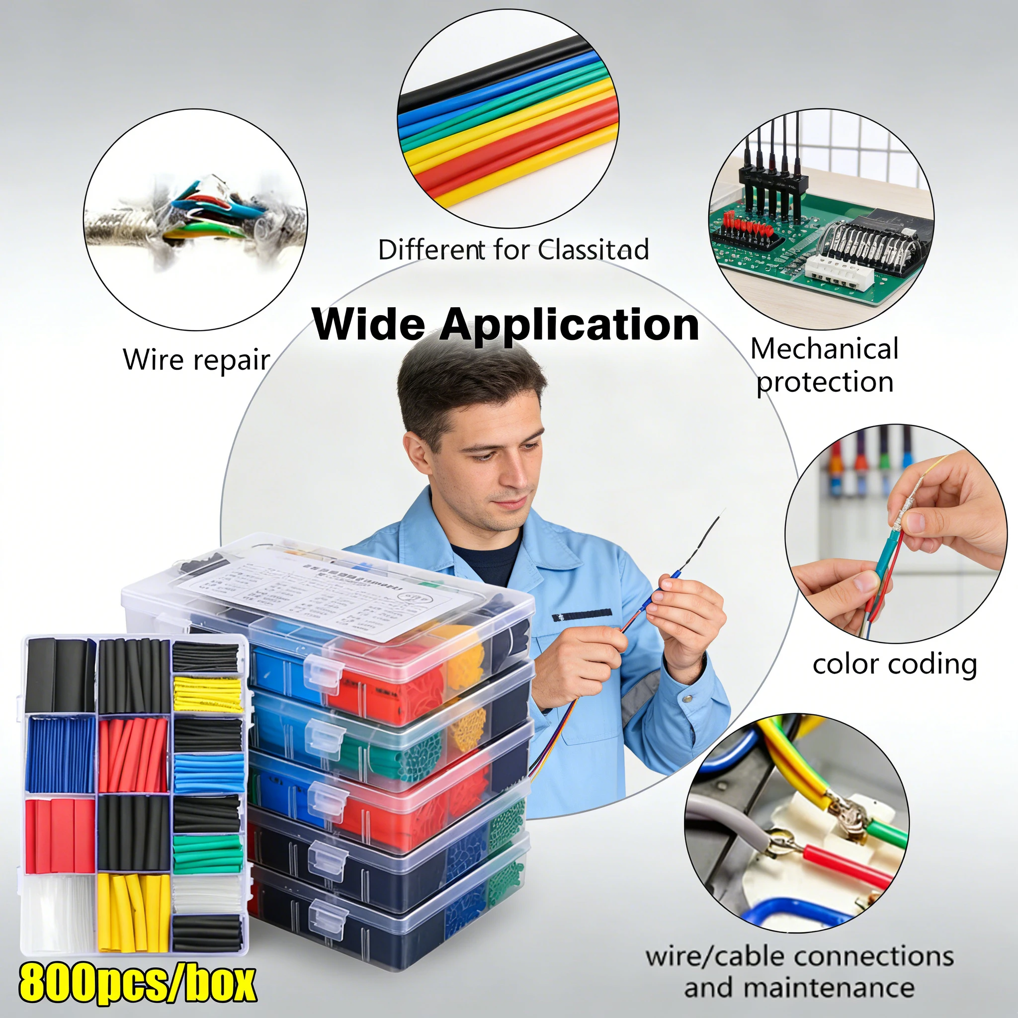 Heat Shrink Tubing Kit 2:1 Ratio PE Crosslinked Flame Retardant Assorted Sizes Colors Electrical Wire Cable Wrap 127-800pcs