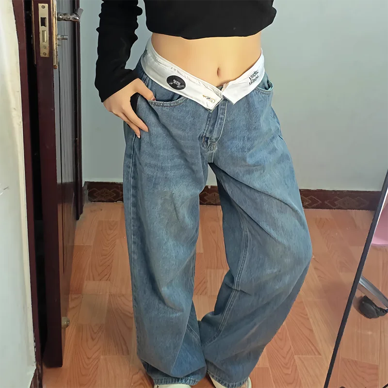 

Женские джинсы 2026 года, винтажные, в стиле Y2K, свободные, в стиле K-pop Gyaru, уличная мода, широкие синие джинсовые брюки, в стиле Харадзюку, корейская мода, с отворотами, с высокой талией