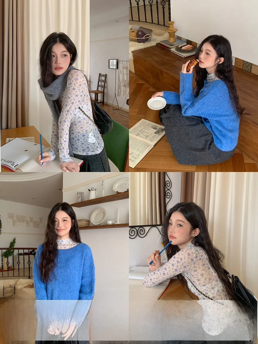 

Blue Floral Print Long Sve Base irt f High Collar Me Top Korean Sle Retro Women's T-irt Spring Season Breathabl...