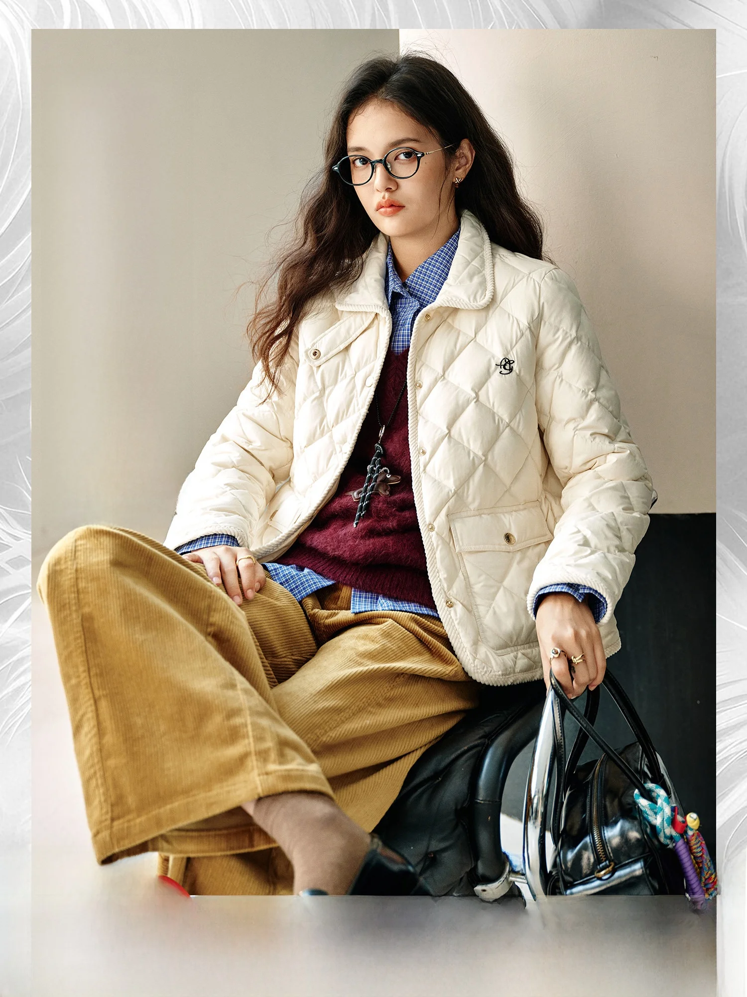 

Зимняя теплая женская куртка Pumpkin Valley High Quality с 90% белым гусиным пухом, стеганая, с вышитым воротником и ромбовидным узором