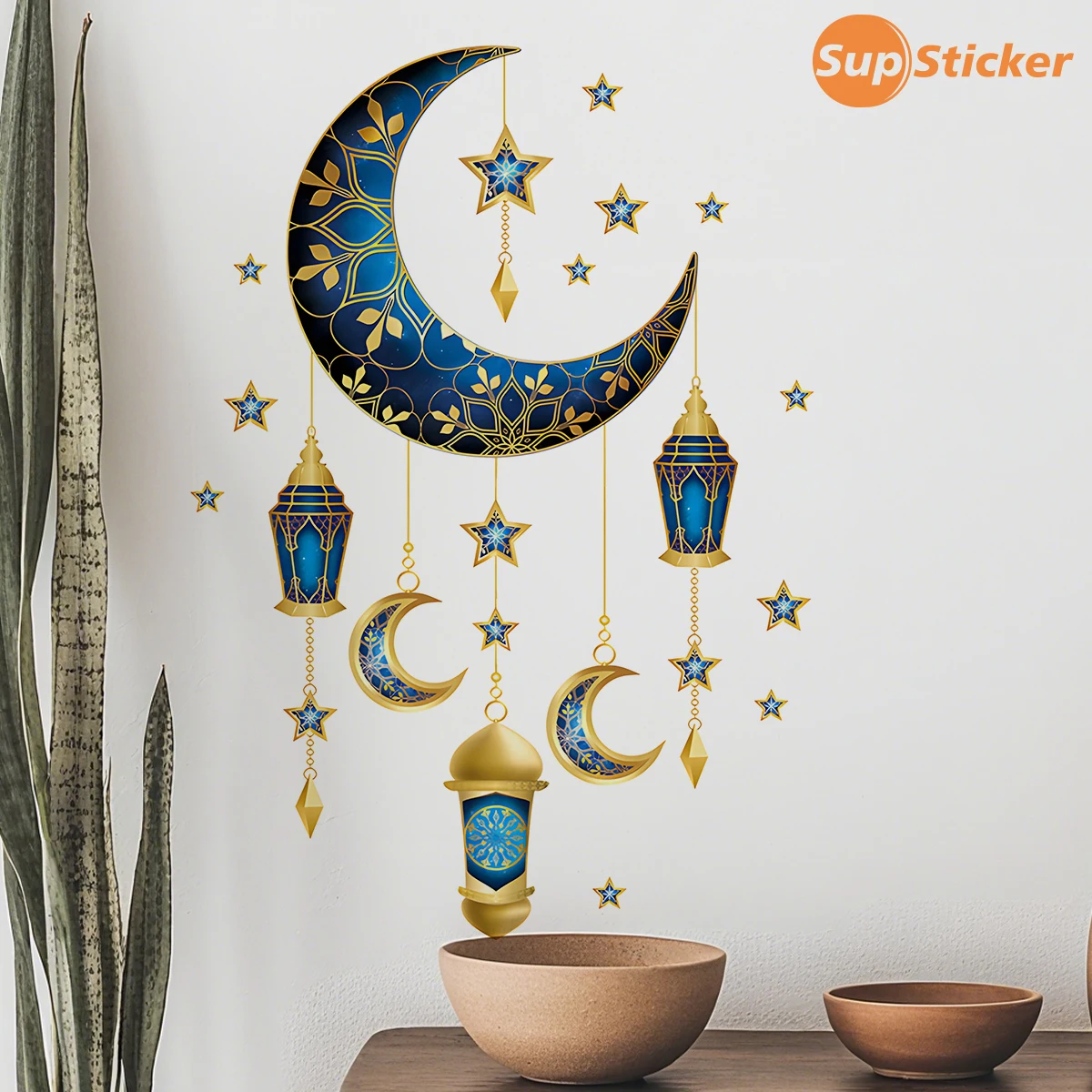 Stern- und Mondlaternen-Wandaufkleber-Set – selbstklebende dekorative Aufkleber im islamischen Stil für Wohnzimmer und Schlafzimmer, festliche Atmosphäre