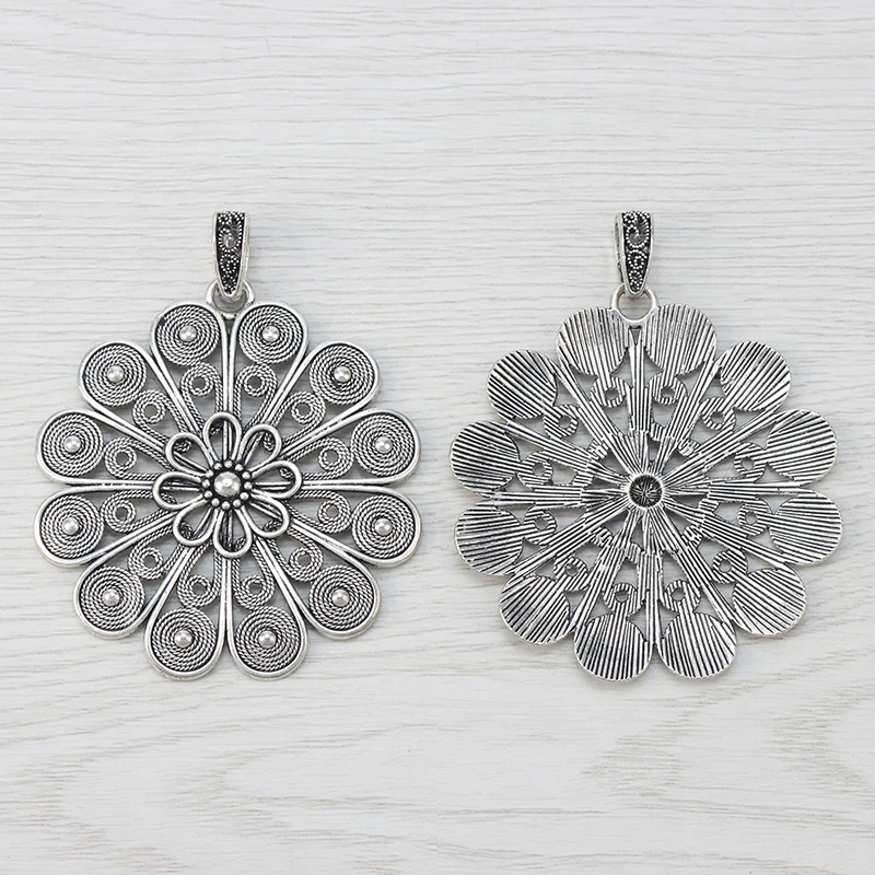 3 x Tibetan Silver Large Round Bohemian Boho Spiral Flower Necklace Charms Pendants For DIY Jewelry Making Findings 60x60mm