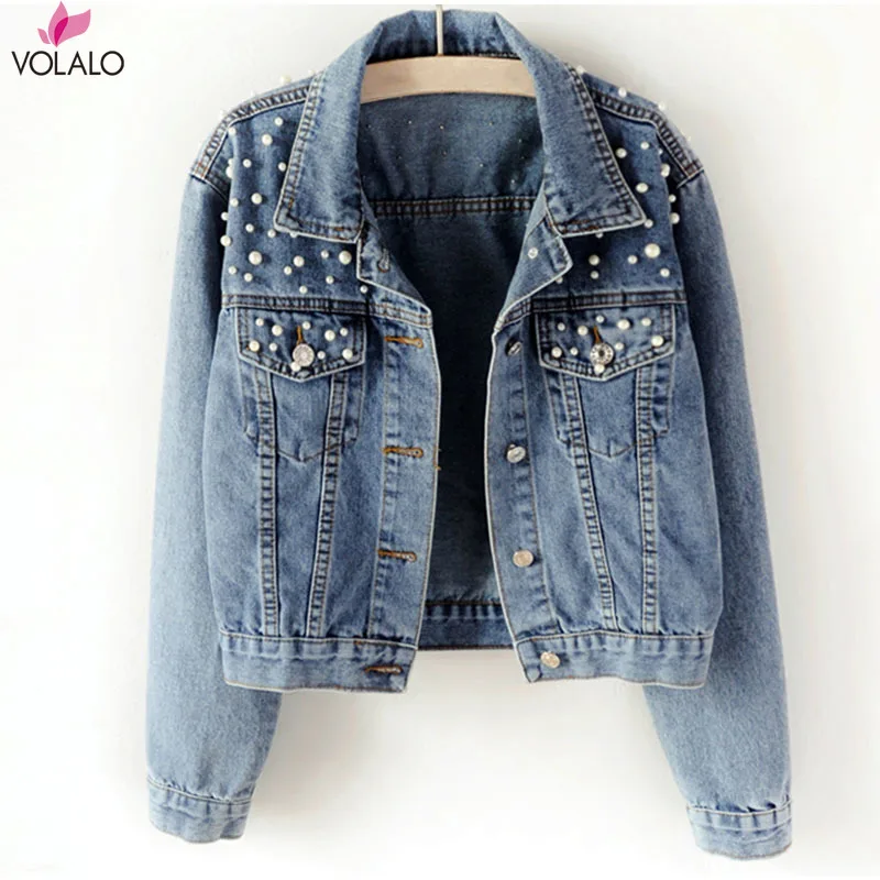 

VOLALO Pearl Beading Short Denim Jackets 3Xl 5Xl Women White Wash Long Sleeve Vintage Casual Jean Jacket Bomber Denim Coat