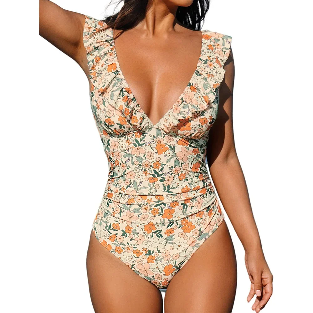 One Piece Swimsuit Women Ruffled Bathing Suits V Neck Lace Up Tummy Control Swim Suit