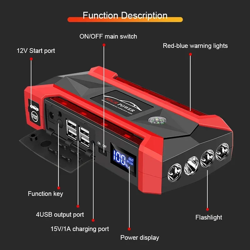 Alimentation de démarreur de voiture avec 4 prises de charge, lumière de boussole allumée, adaptée à la batterie de voiture et au chargement de téléphone portable, 30000 mAh