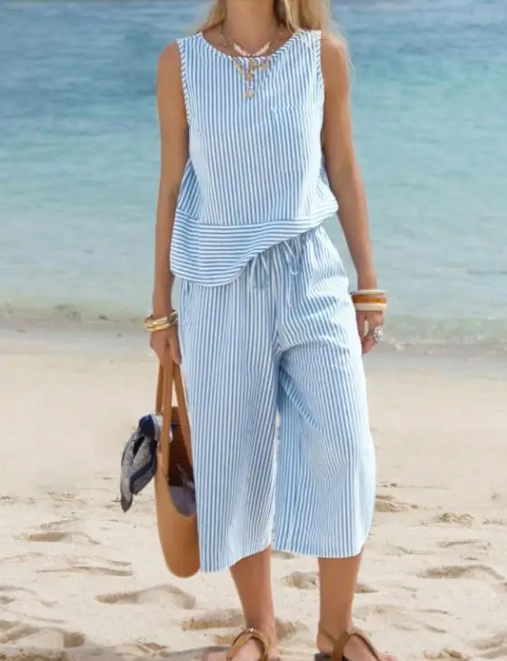 

Two Piece Set Women Outfit 2026 Spring Summer New Round Neck Striped Sleeveless Loose Vest Top & High Waist Casual Pants Pants