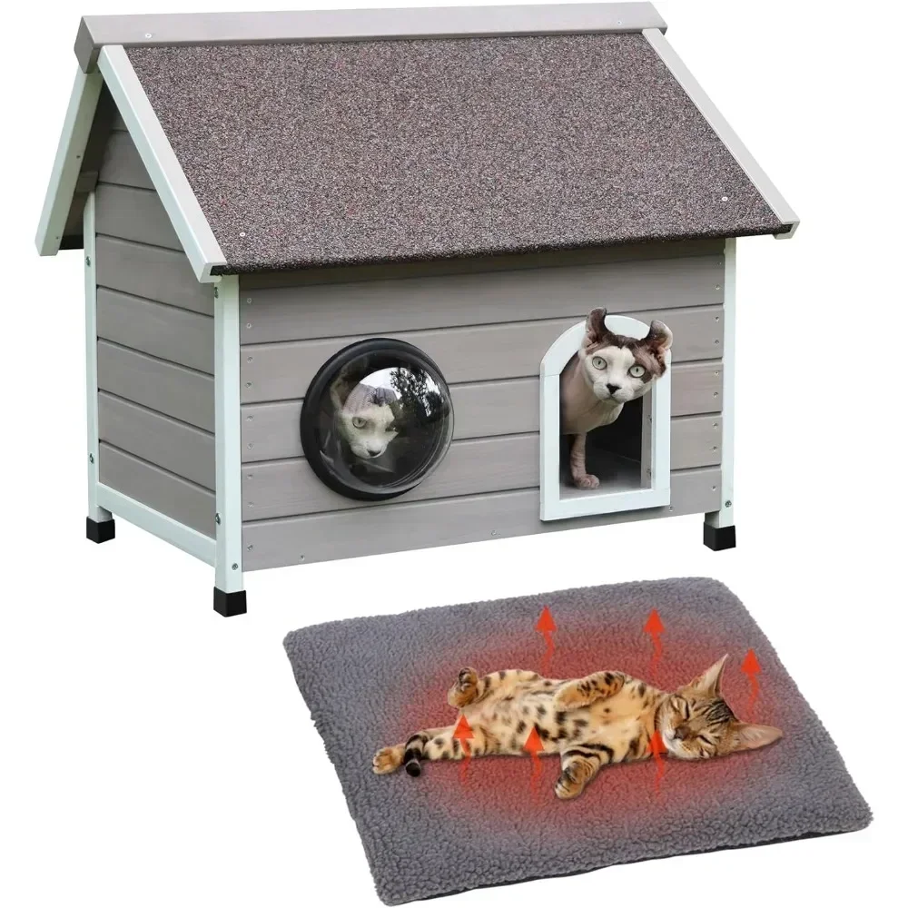 Bed Cats House Ideal Outside Cat Shelter With Escape Door Weatherproof Wooden Cat House With Self Warming Mat Pet Supplies For