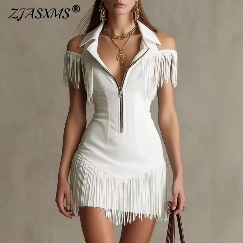 Damen Sexy Vorderer Reißverschluss Umlegekragen Minikleid Frühling Schulterfreies Ausgeschnittenes Quasten-Partykleid Neues Sommer Wildleder Bodycon-Kleid