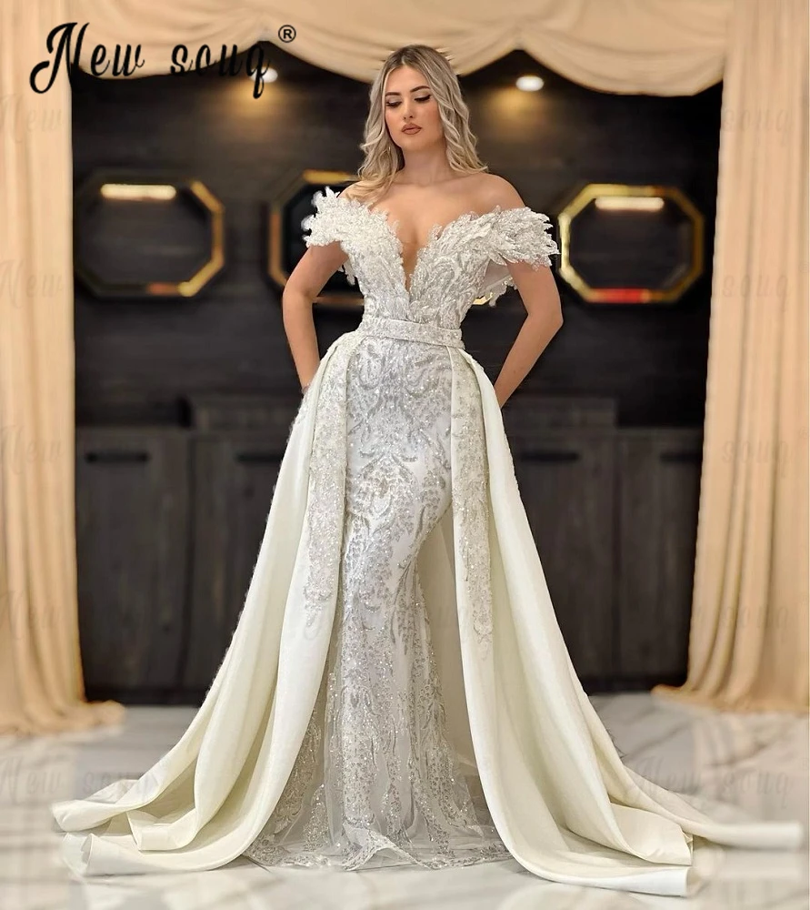 Elegant 2023 Detachable Train Wedding Dress Off Shoulder Mermaid Beaded Dubai Bridal Dresses свадебное платье Haute Couture