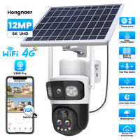 Hongnaer 12MP 6K 4G Outdoor 10X Zoom Three Lens Solar Panel Powered Wireless IP PTZ V380 Pro WiFi Security CCTV Solar Camera