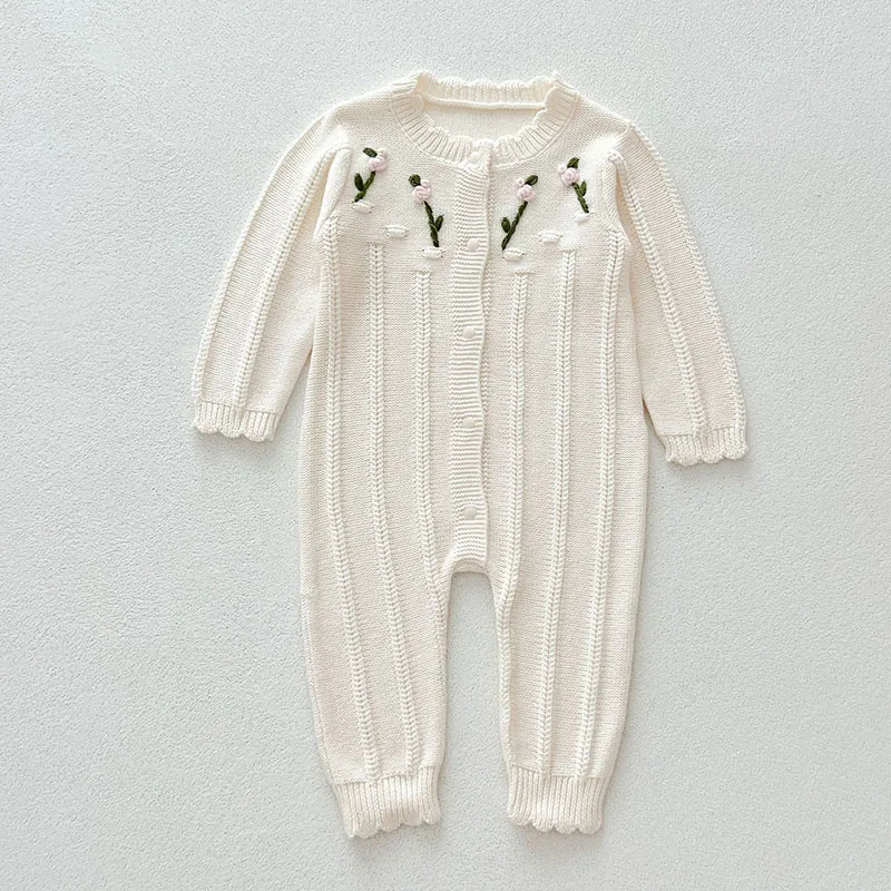 2024 New Autumn Baby Girl Knitted Clothing Toddler Baby Girl Knitted Romper Long Sleeved Flower Embroidery Infant Baby Jumpsuit