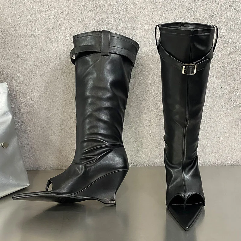 

Fashion Pointed Toe Modern Women Long Boots Wedges Shoes Western Ladies Knee High Boots Wedges Shoes Female Slip On Footwear