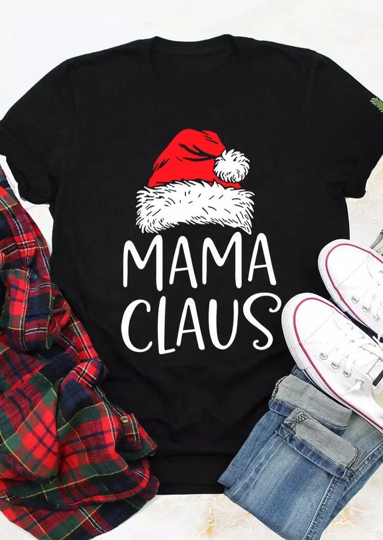 Christmas Hat Mama Claus Print Women T Shirt Short Sleeve O Neck Loose Women Tshirt Ladies Tee Shirt Tops Camisetas Mujer