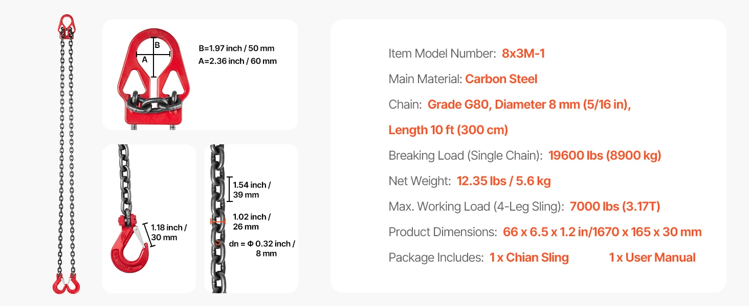 SucceBuy Chain Sling 5/16in x 10ft Lifting Chains with 2 Leg Grab Hooks Adjustable Engine Chain Hoist Lifts for Security Towing